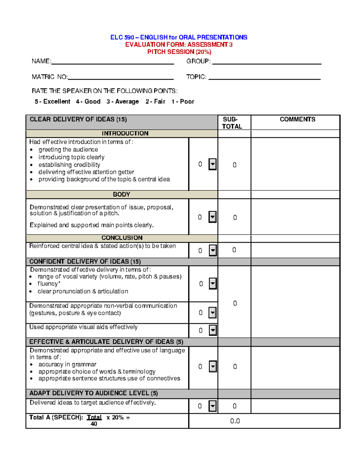 ELC590 Pitch Session E- Evaluation FORM (2004 21) - ELC 590 – ENGLISH ...