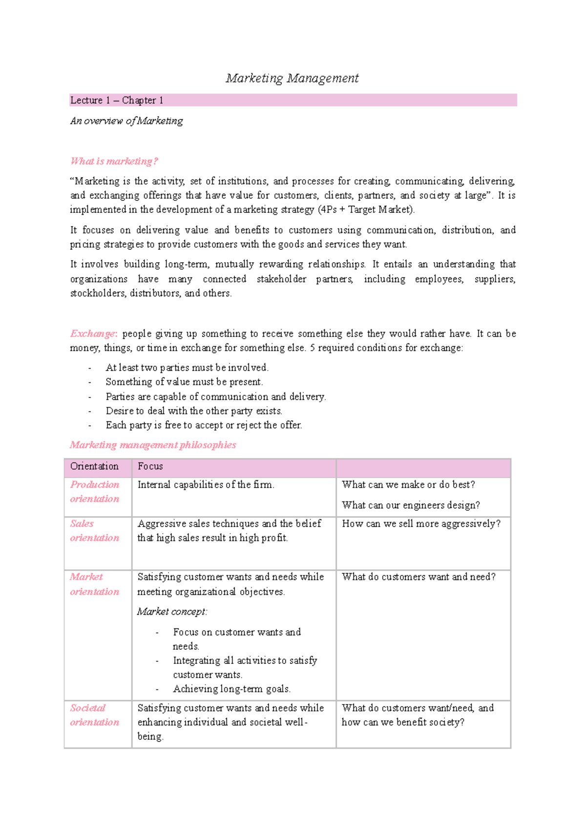 Marketing Management - Notes - Marketing Management Lecture 1 – Chapter ...