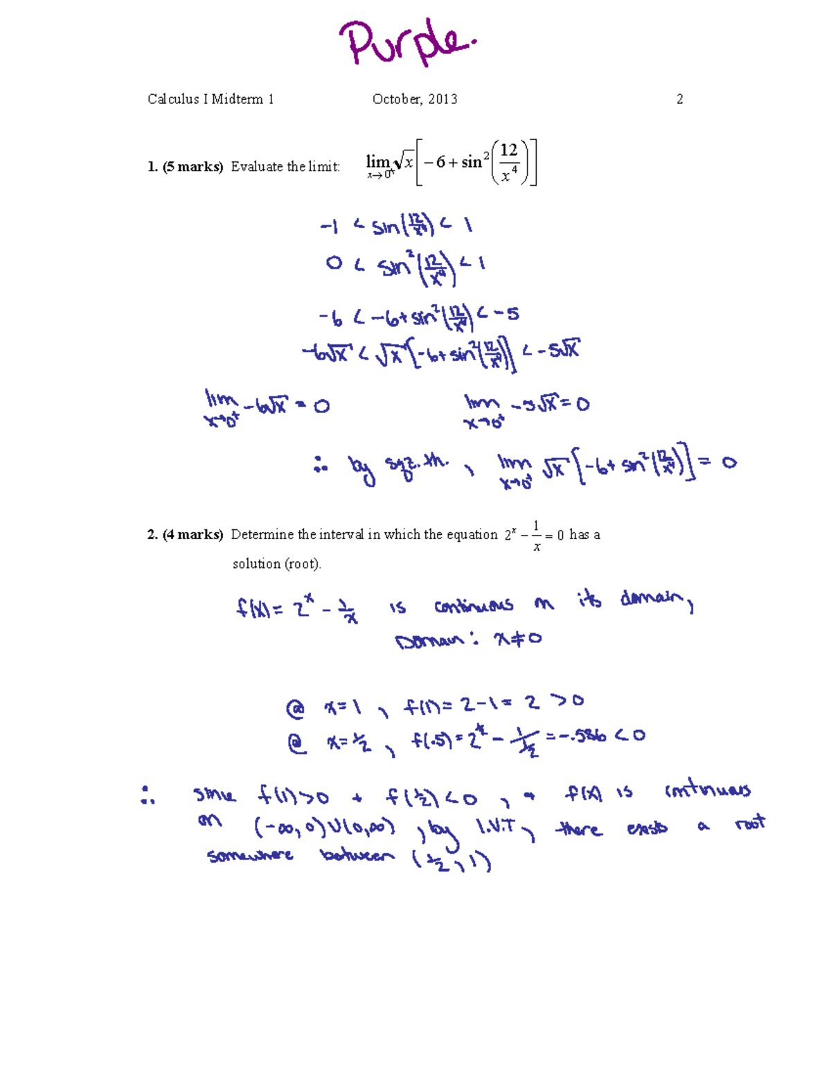Exam 2013, Questions And Answers - Midterm 1 - Calculus I Midterm 1 1 ...