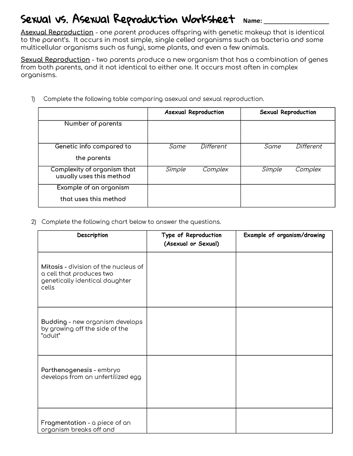 Sexual and asexual handout - Sexual vs. Asexual Reproduction Worksheet ...