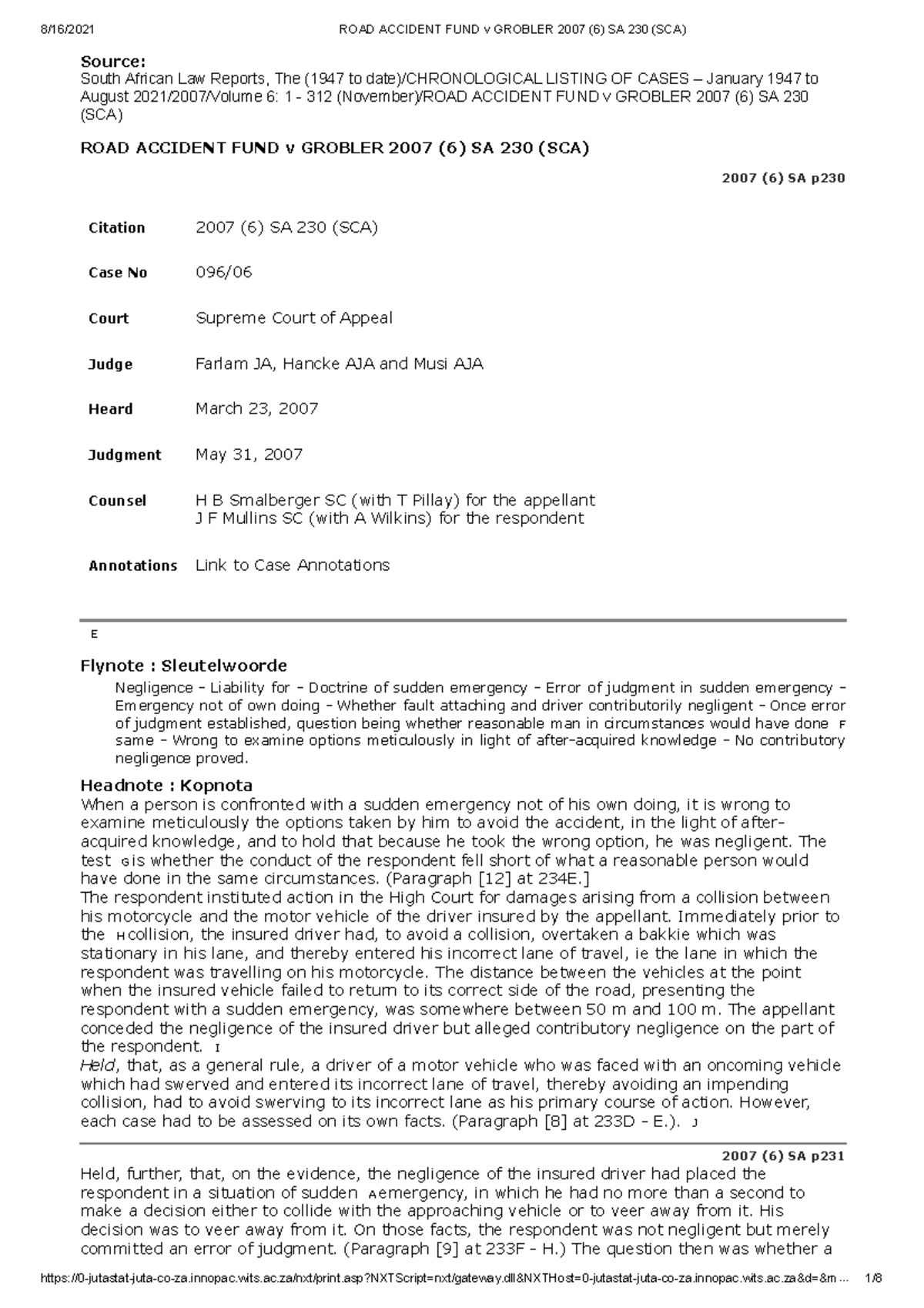 road-accident-fund-v-grobler-2007-6-sa-230-sca-laws2016-wits