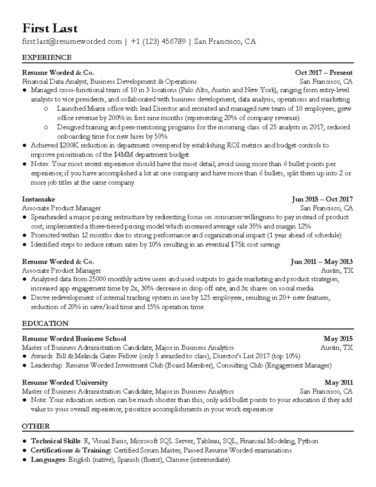 Sample ATS Friendly Resume - First Last first@resumeworded | +1 (123 ...