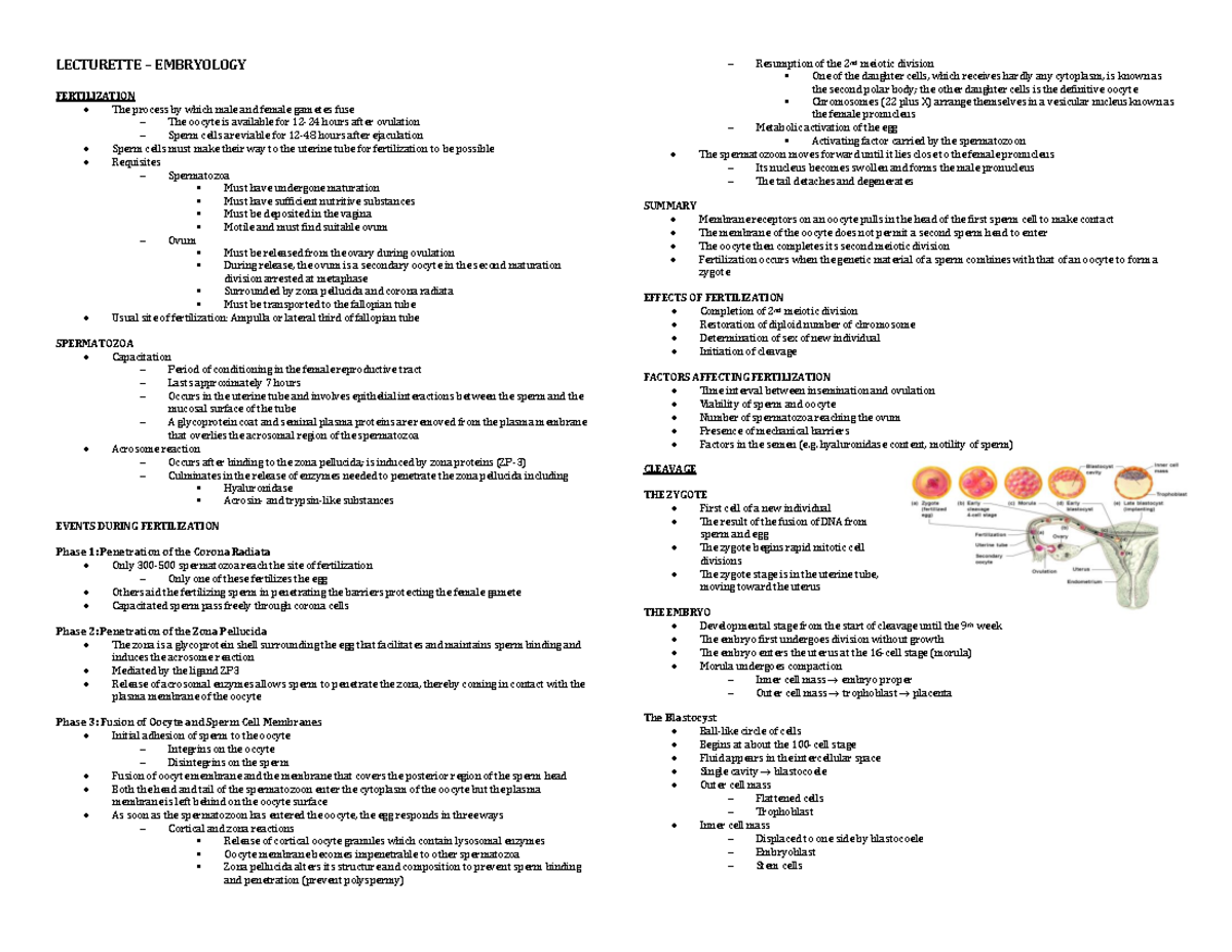 Embryology Notes - LECTURETTE – EMBRYOLOGY FERTILIZATION The process by ...