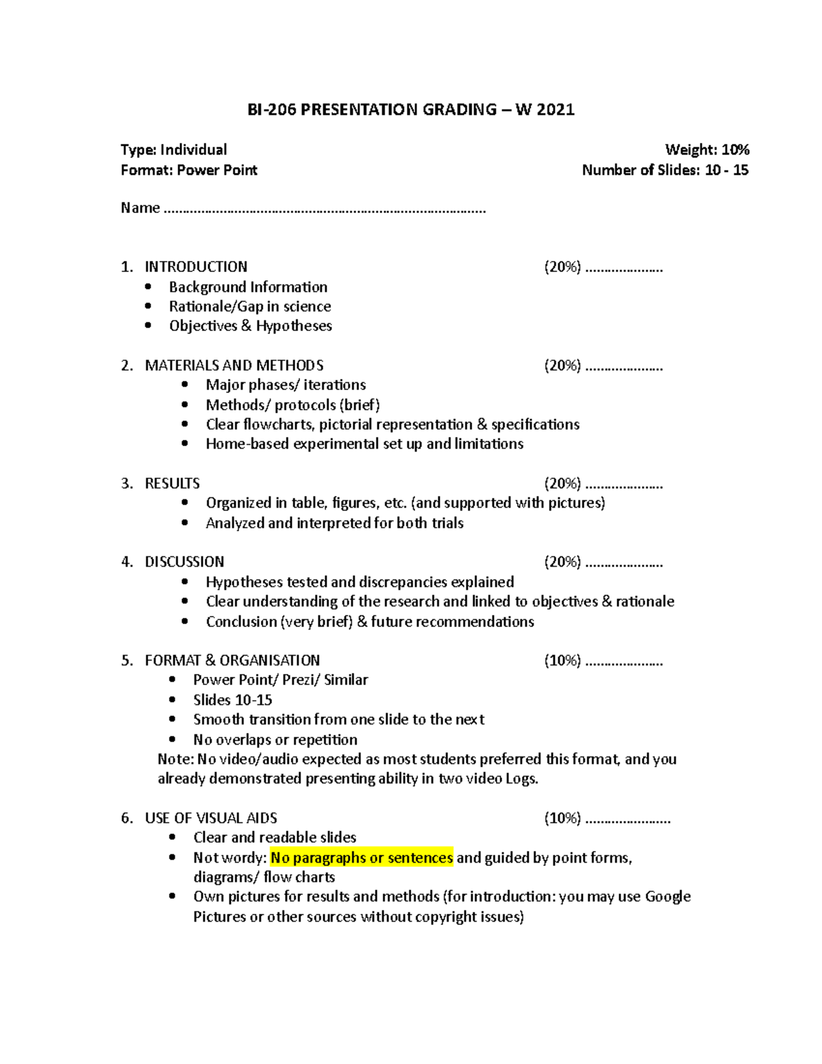 Presentation Grading sheet BI206 W 2020 BI206 PRESENTATION GRADING