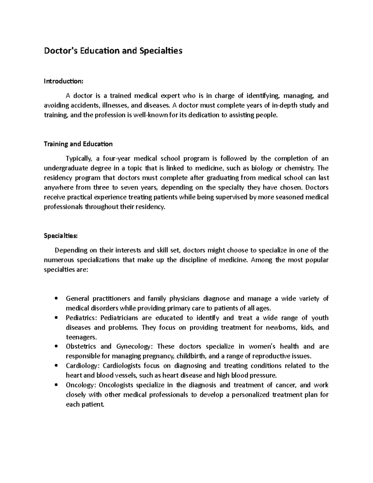Lecture Notes - Doctor - Doctor's Education and Specialties ...