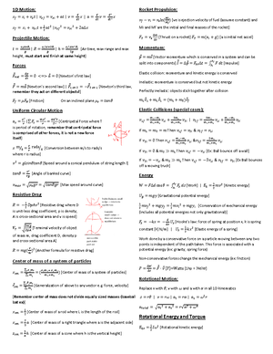 Formula Sheet - Phys 131 - Equations : Vi tat g 9 and W Fd cos 0 d c os ...