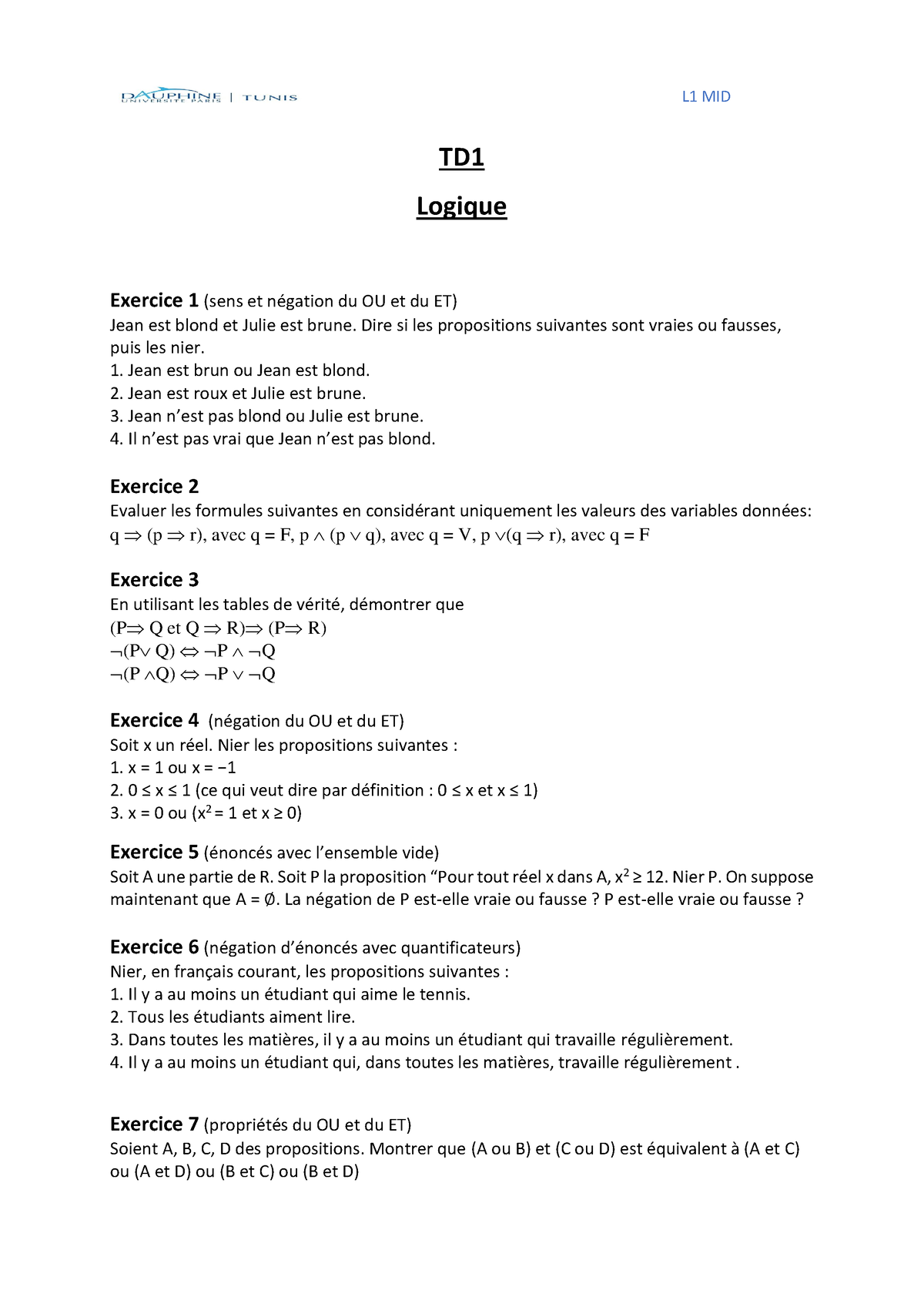 TD1 - Le Travail Dirigé De Chapitre 1 Du Raisonnement - TD Logique ...