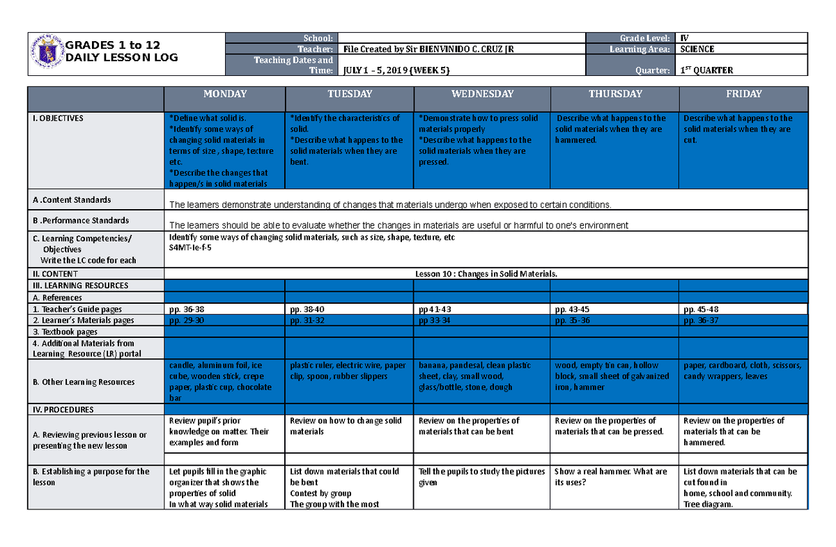 Dll Science 4 Q1 W5 Dll Grades 1 To 12 Daily Lesson Log School Grade Level Iv Teacher 2598