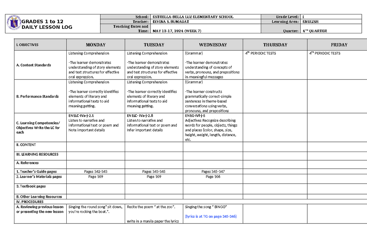 DLL English 1 Q4 W7 - List of document - GRADES 1 to 12 DAILY LESSON ...