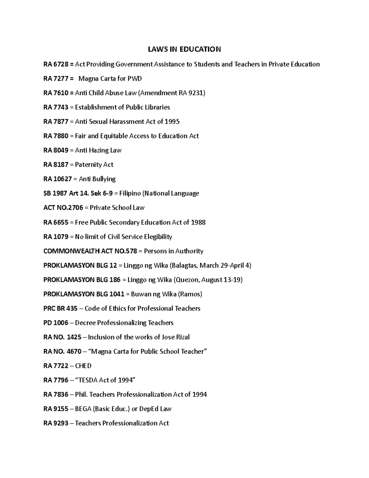 LAWS IN Education - 9u09jo[kp'l[;\ - LAWS IN EDUCATION RA 6728 = Act ...