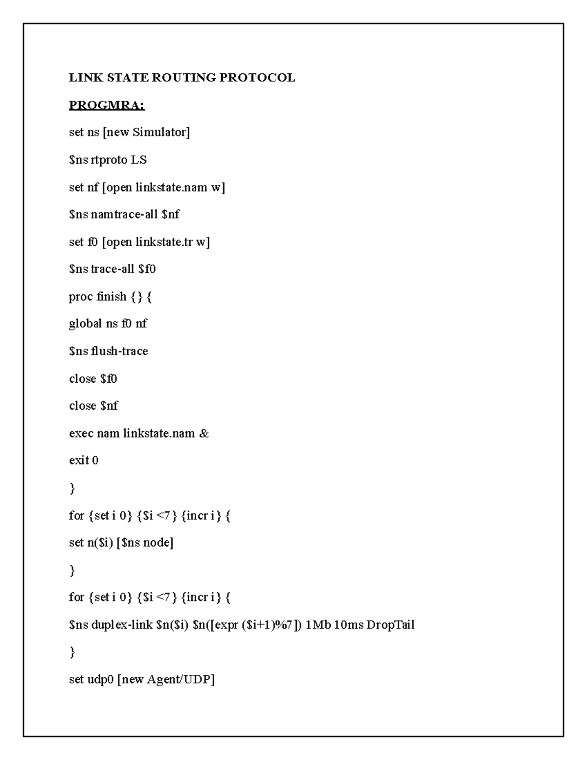 Compiler Design - LINK STATE ROUTING PROTOCOL PROGMRA: set ns [new ...