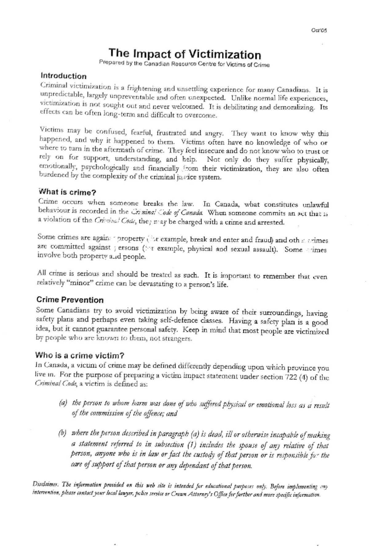 Impact of Victimization - Criminology and Penology - Studocu