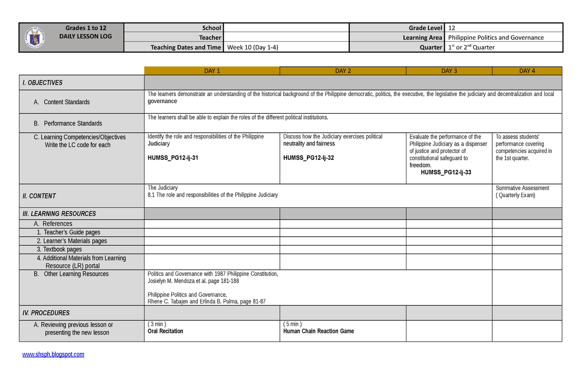 PPG Week j - Philippine Judiciary - Grades 1 to 12 DAILY LESSON LOG ...