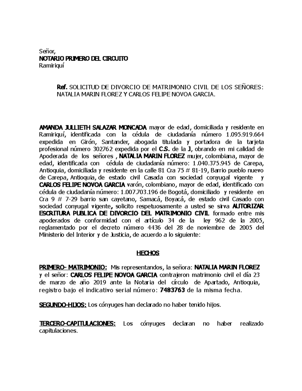 Divorcio Mutuo Acuerdo Señor Notario Primero Del Circuito Ramiriquí