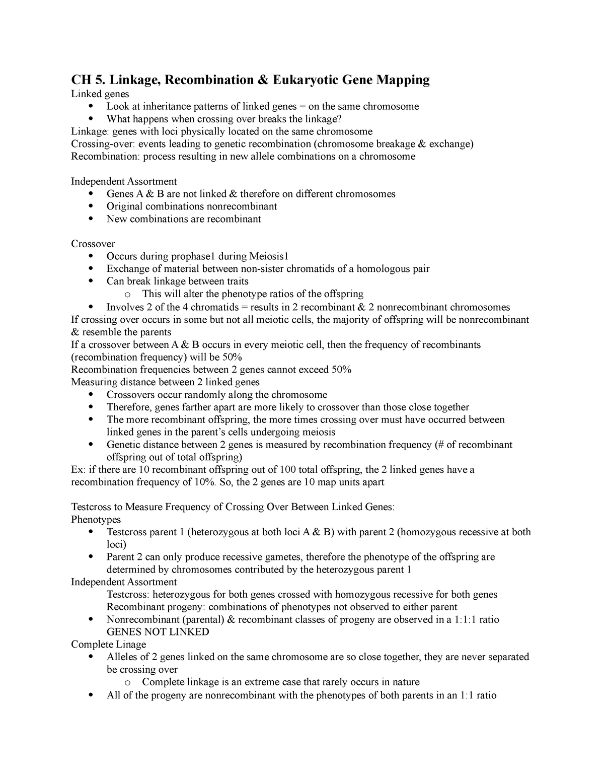 PCB 3063 CH 5 - Professor Matthew Tye - CH 5. Linkage, Recombination ...