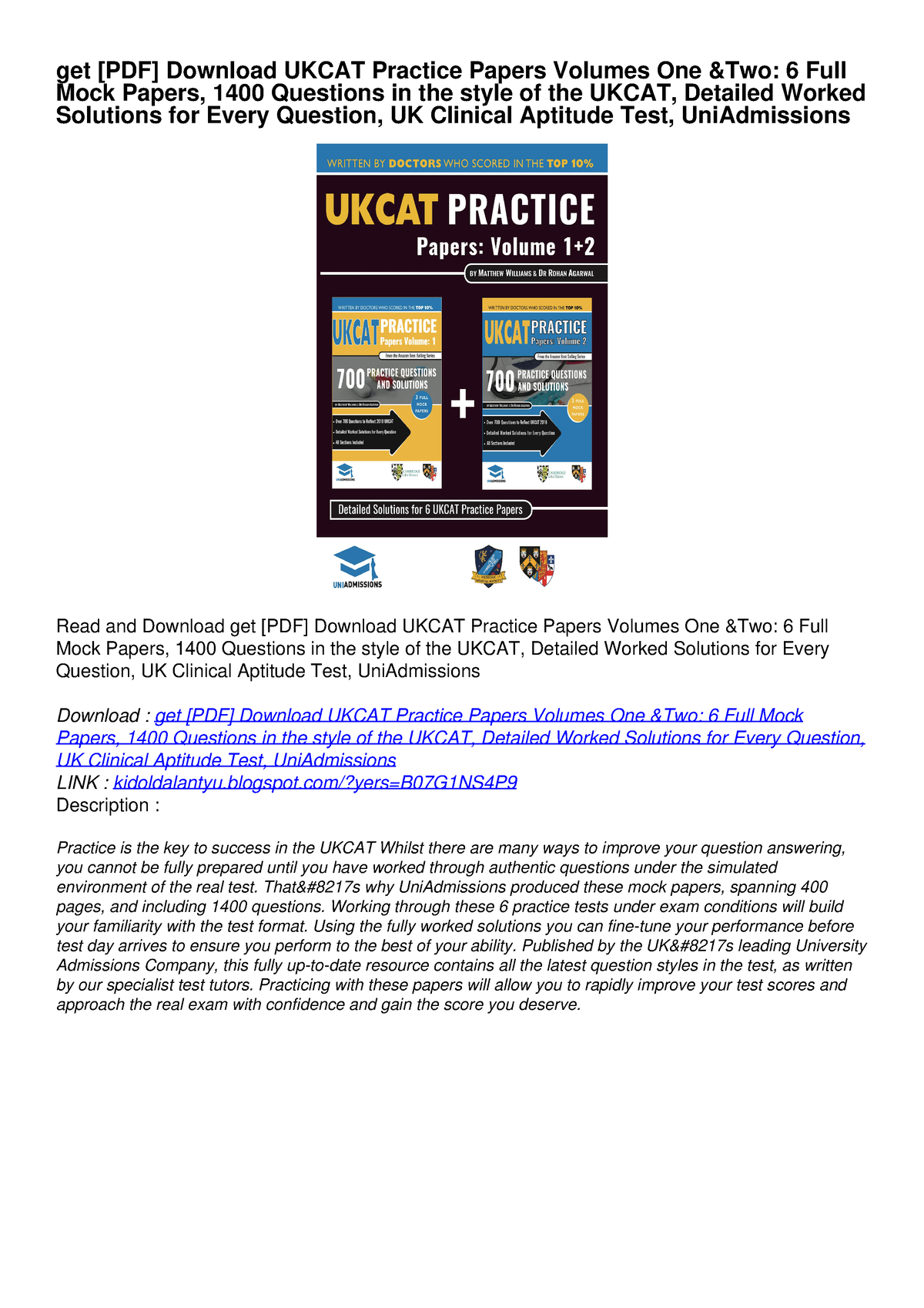 Get [PDF] Download UKCAT Practice Papers Volumes One Two: 6 Full Mock ...