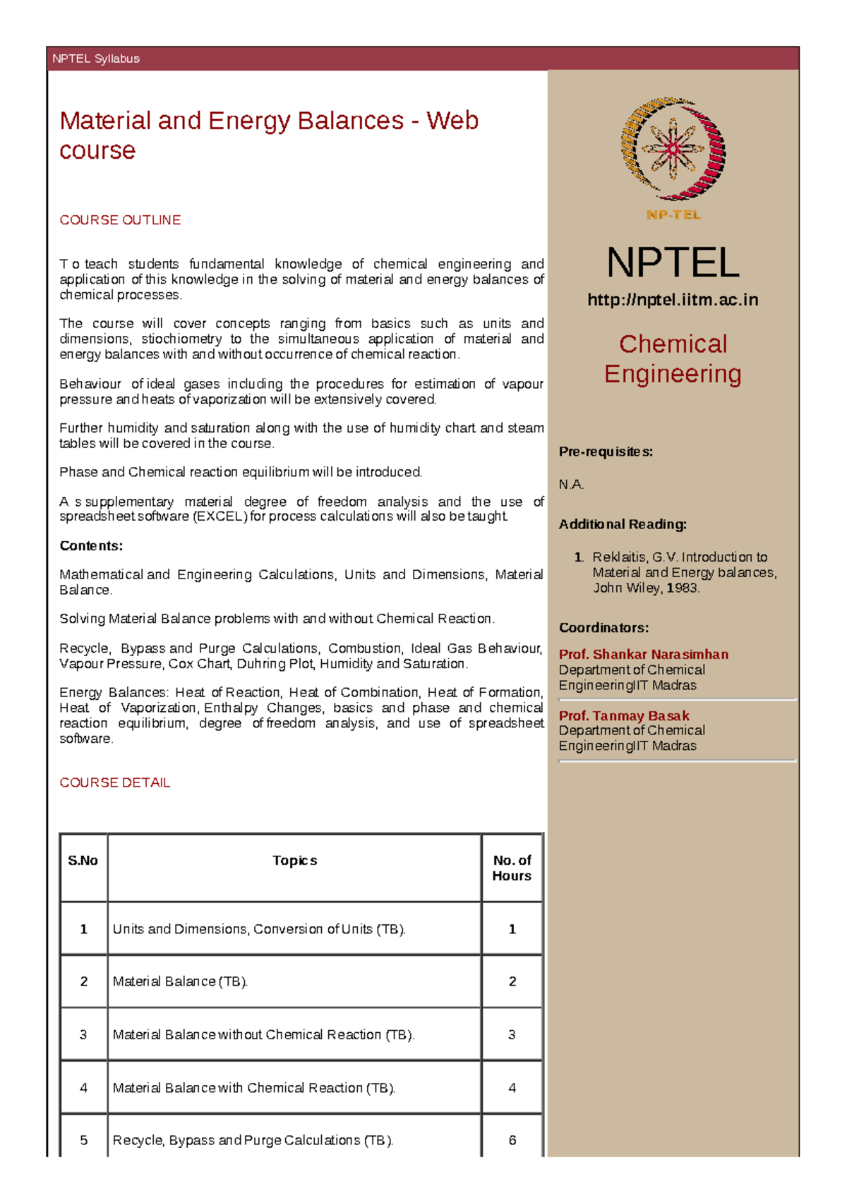 103106076 Jfhhf NPTEL Syllabus Material and Energy Balances 