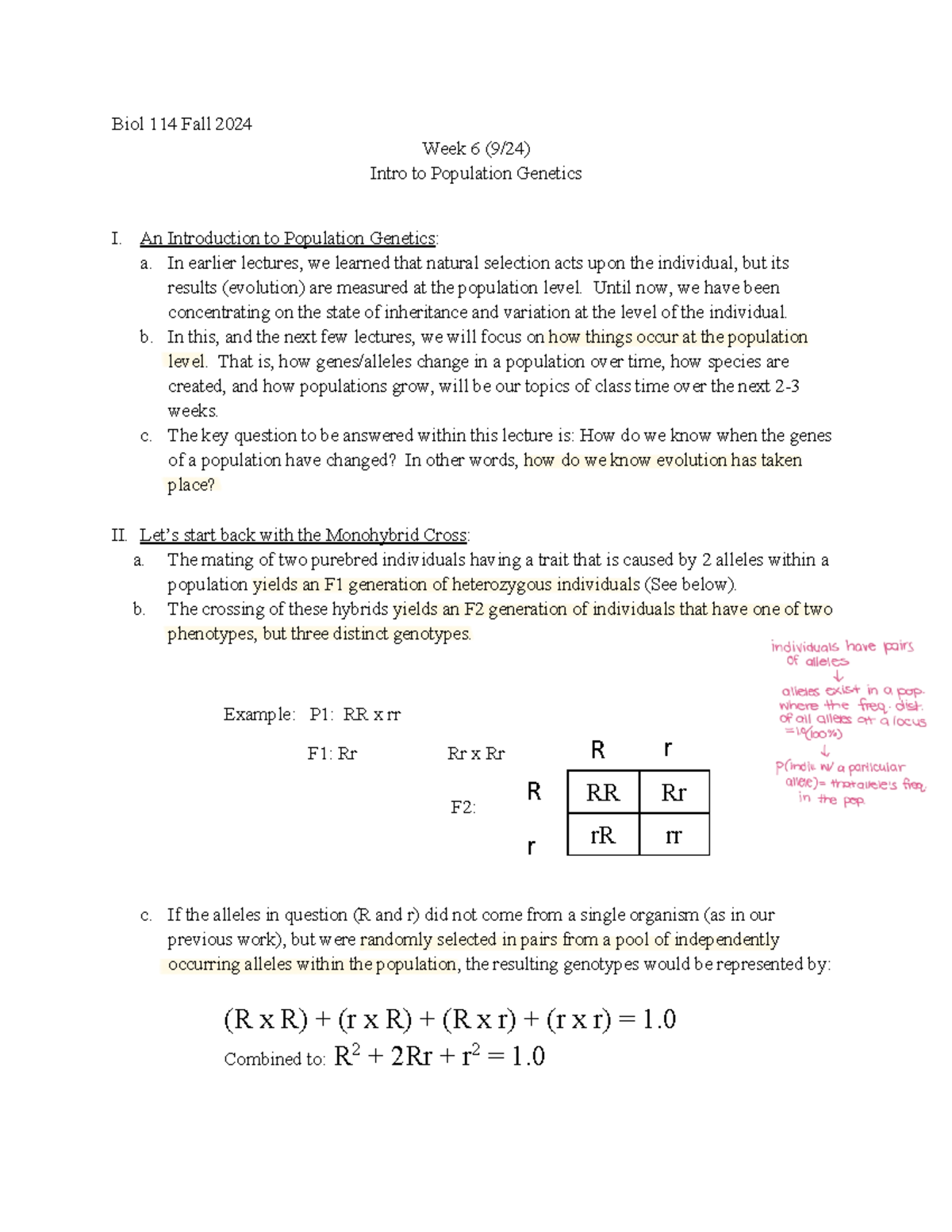Lecture week 6 - Notes Population Genetics - Biol 114 Fall 2024 Week 6 ...