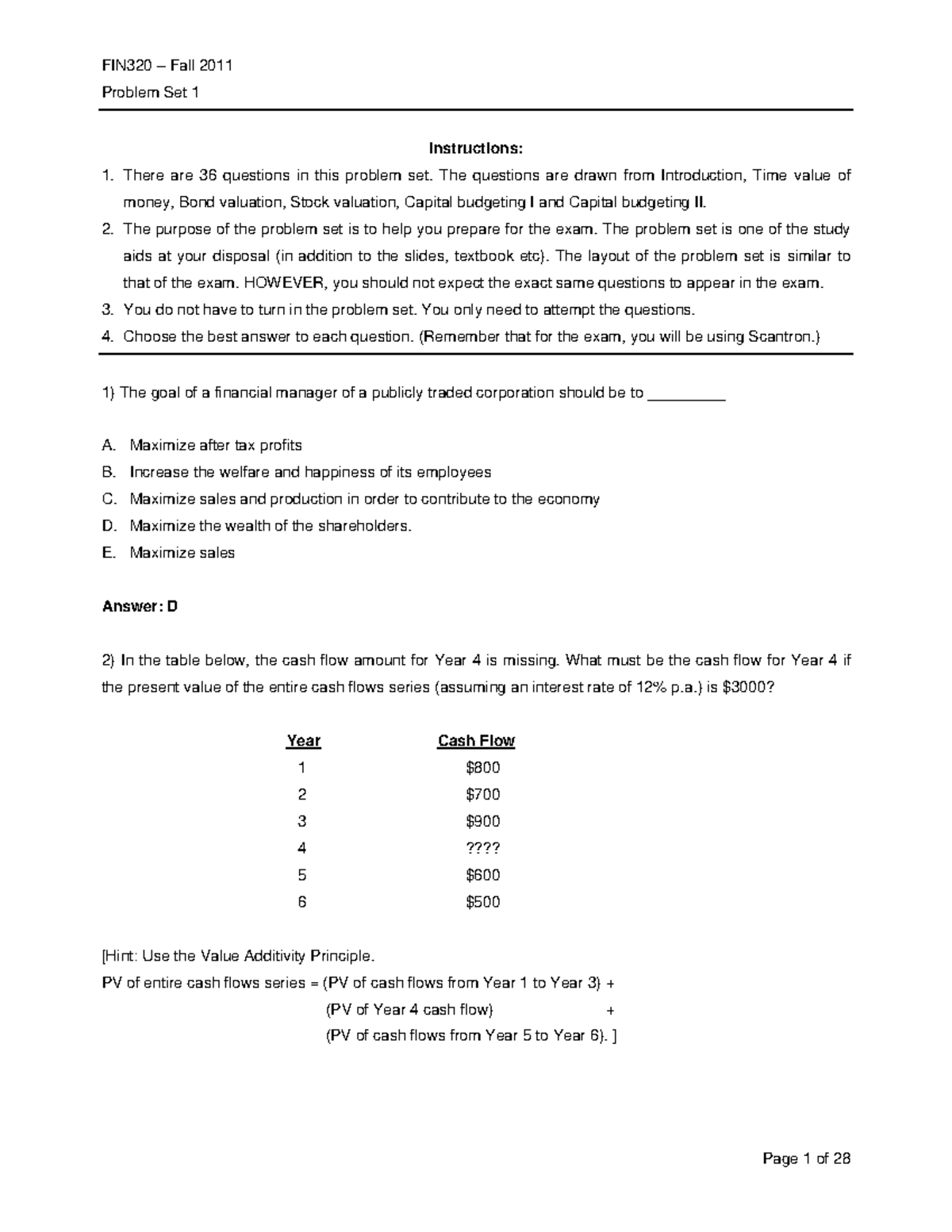 Test 1 Problem Set - Problem Set 1 Instructions: There are 36 questions ...
