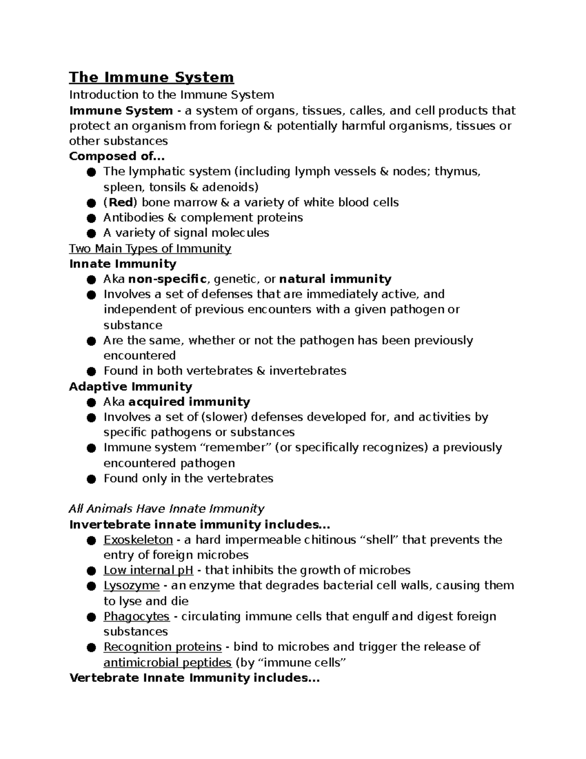 Ch. 24 Biology 1040 - The Immune System Introduction to the Immune ...