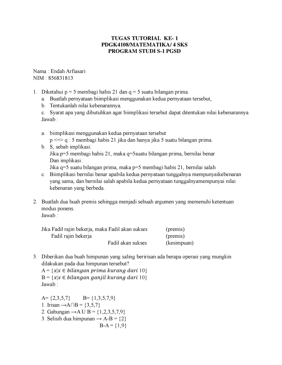 Tugas Tutorial KE 1 Matematika - TUGAS TUTORIAL KE- 1 PDGK4108 ...