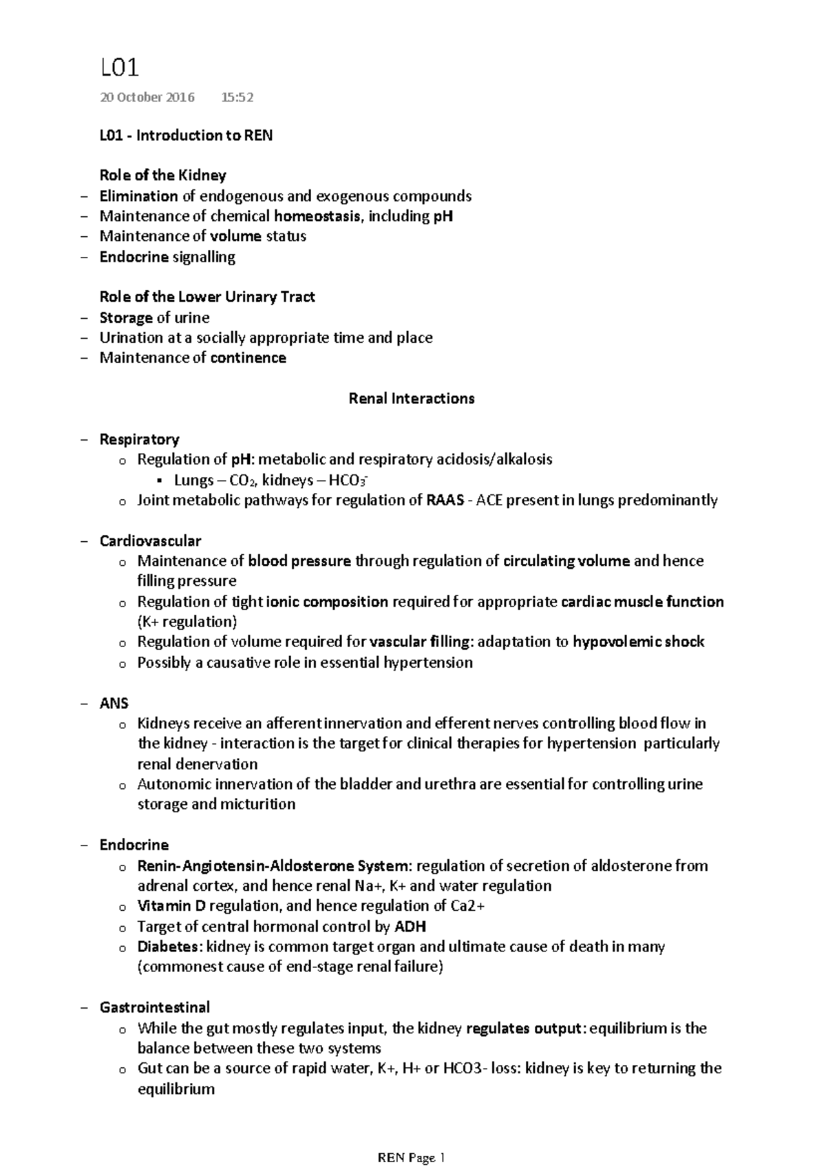 Renal module notes - L01 - Introduction to REN Role of the Kidney ...