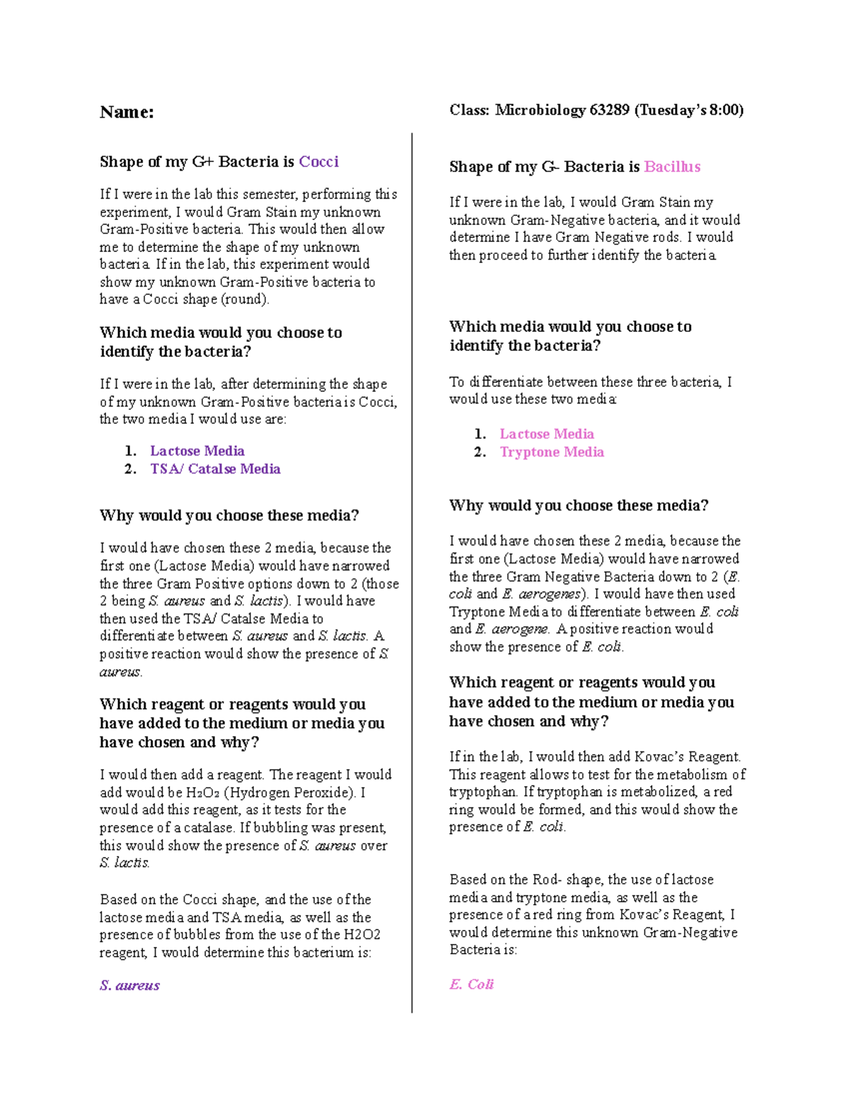 Unknown Bacteria Lab Report Name Shape of my G+ Bacteria is Cocci If