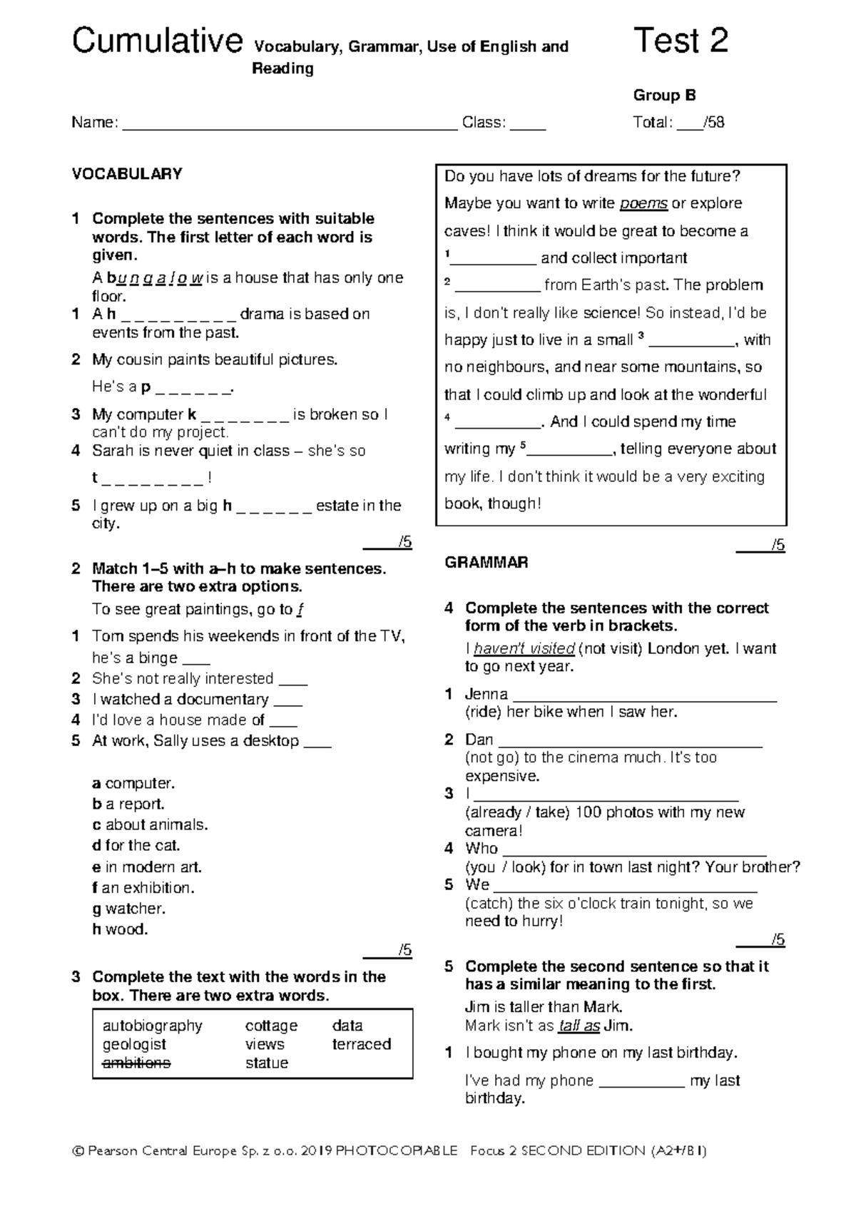 Focus 2 2ed Cumulative Test 2 Units 1-4 Group B - Cumulative Vocabulary ...