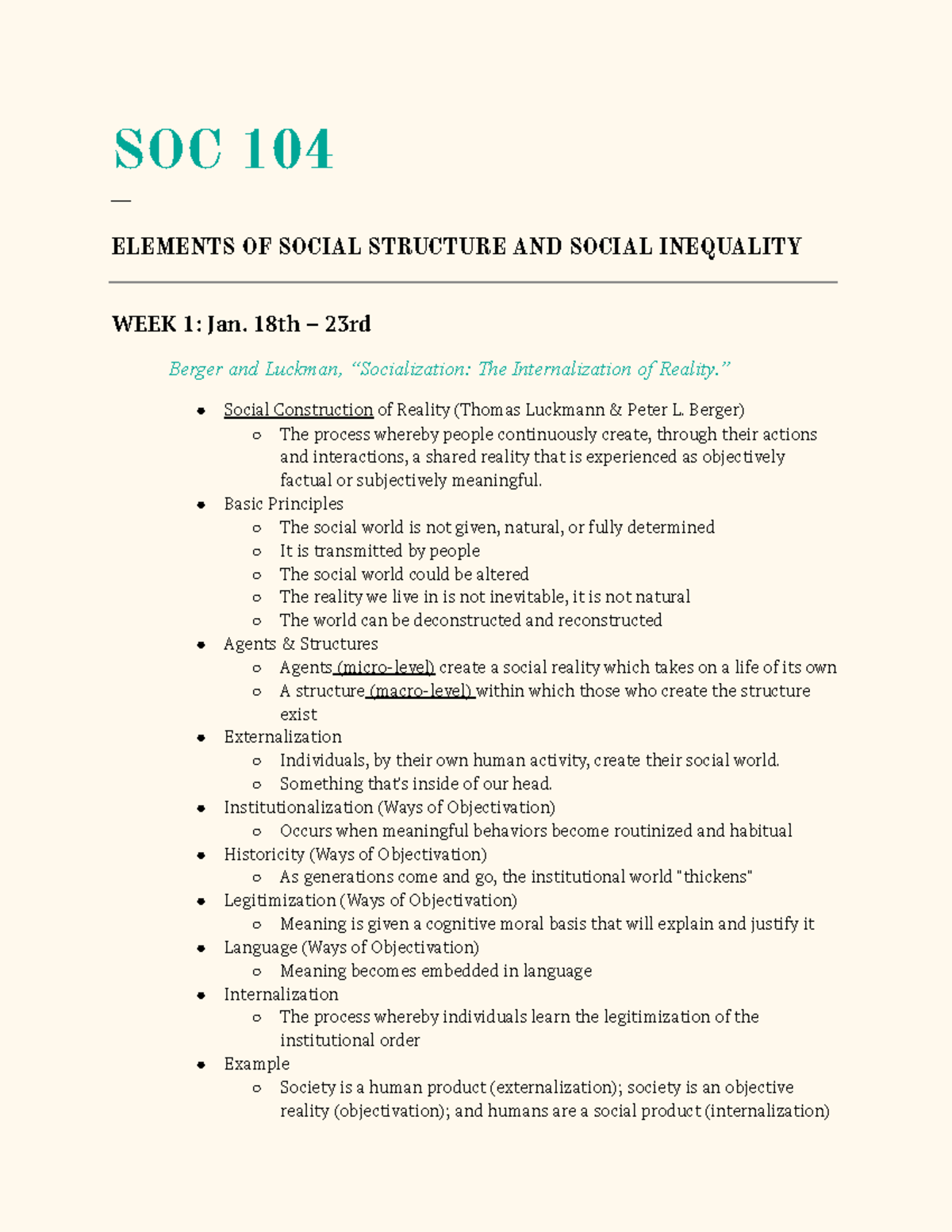 SOC Class Notes - Dr. Wright - SOC 104 ___ ELEMENTS OF SOCIAL STRUCTURE ...