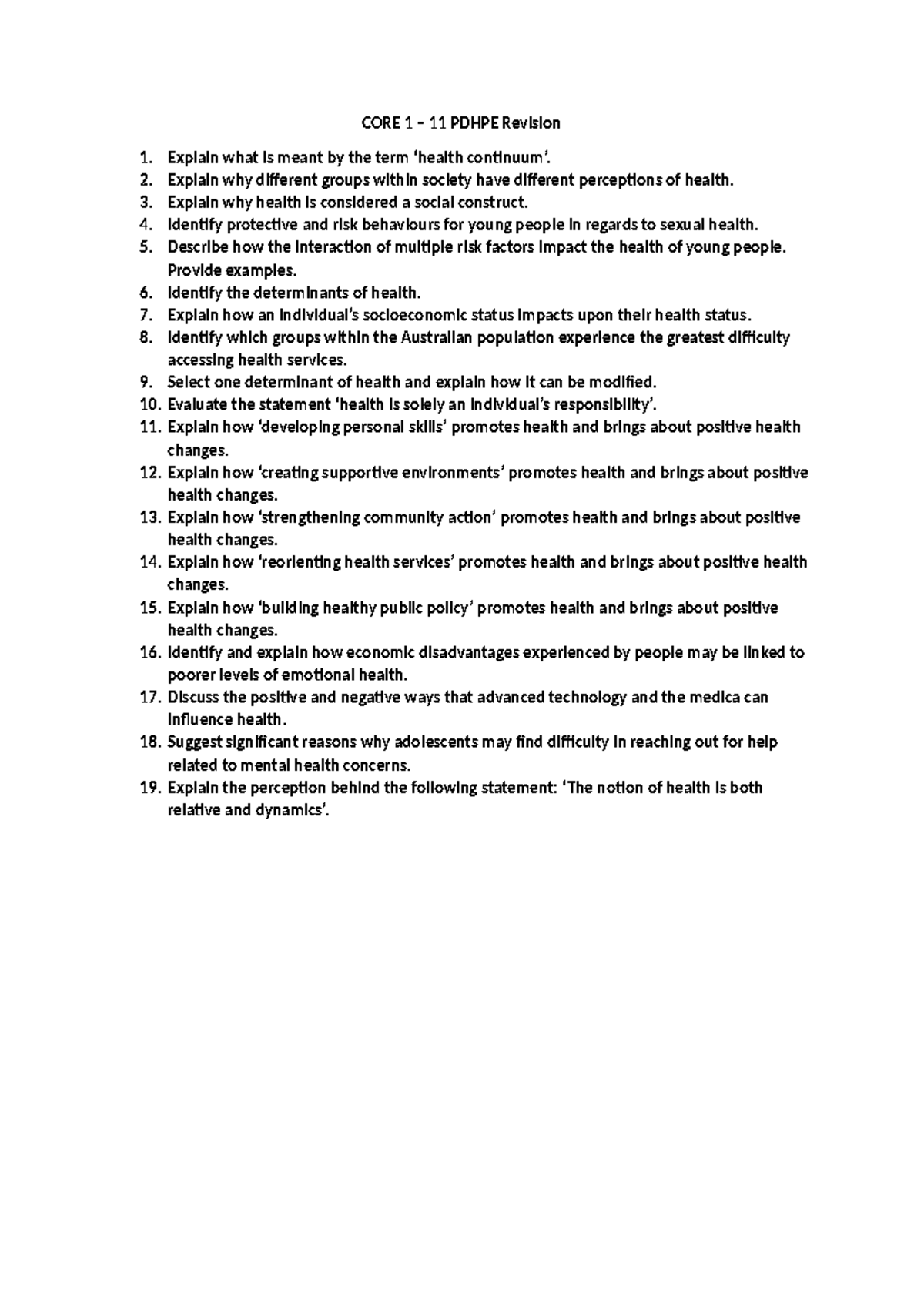 Core 1 Revision Questions - CORE 1 – 11 PDHPE Revision Explain what is ...
