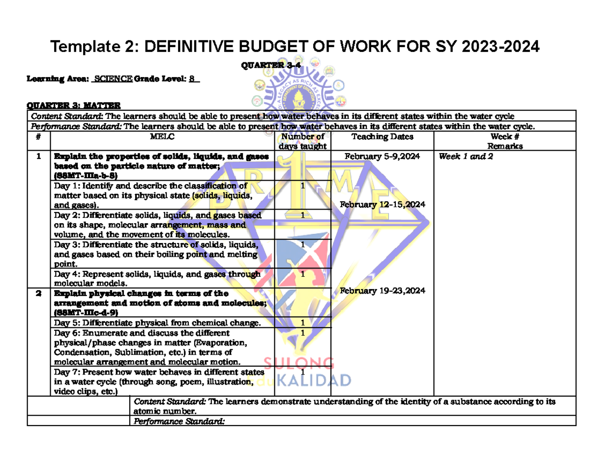 DBOW-Science-G8 - Template 2: DEFINITIVE BUDGET OF WORK FOR SY 2023 ...