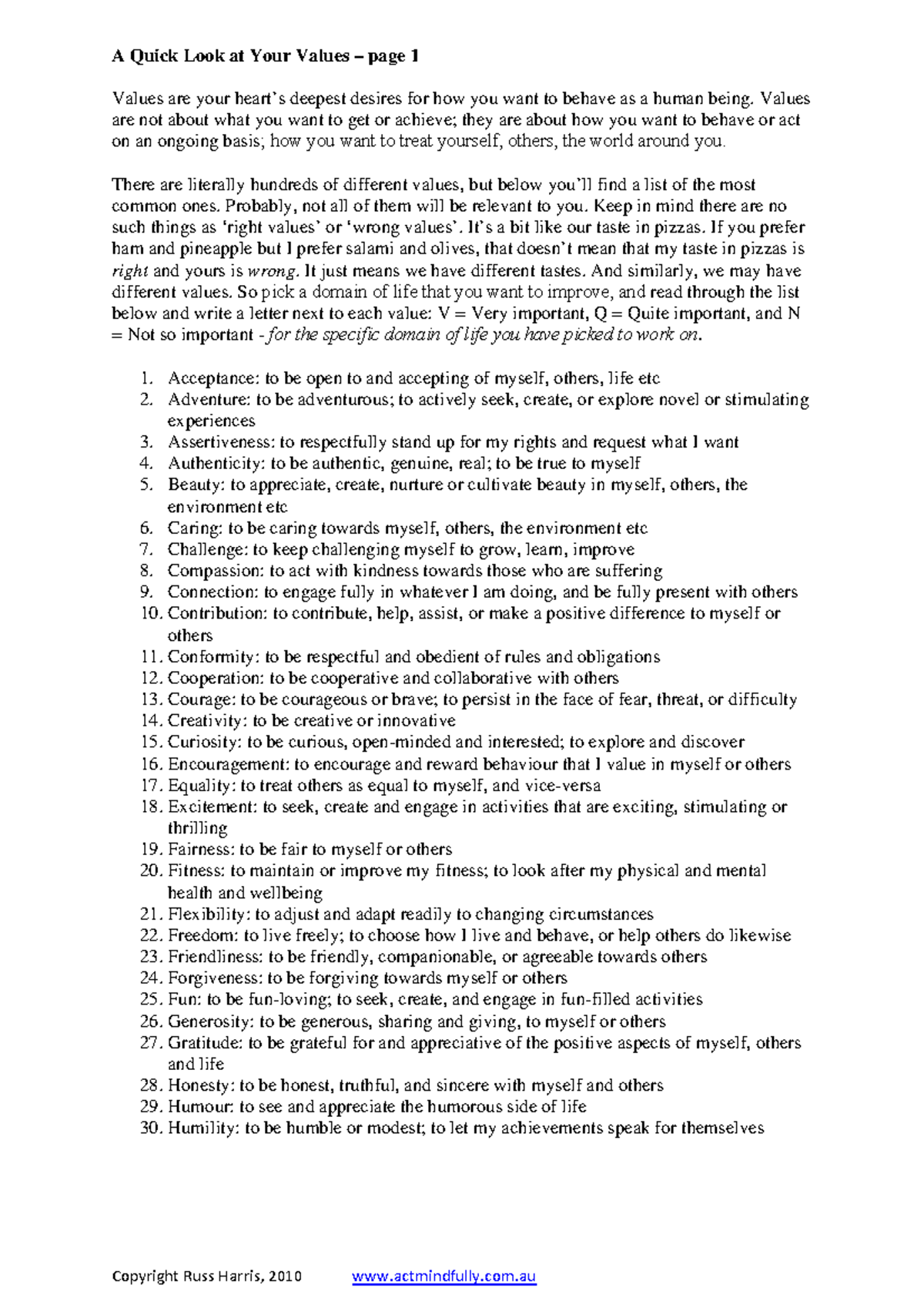 FP02 Reading - Values Checklist by Russ Harris - Copyright Russ Harris ...