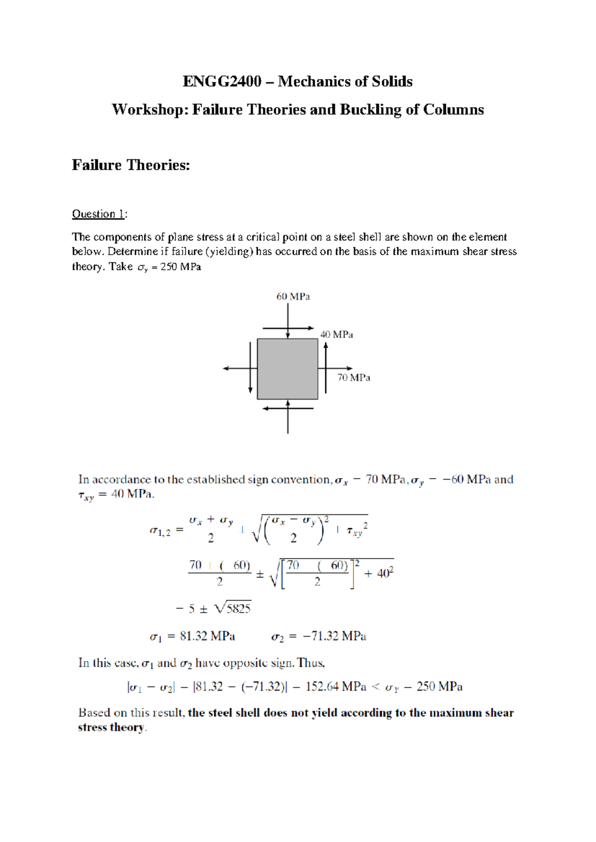 ENGG2400 Final Workshop Solutions - ENGG2400 – Mechanics of Solids ...