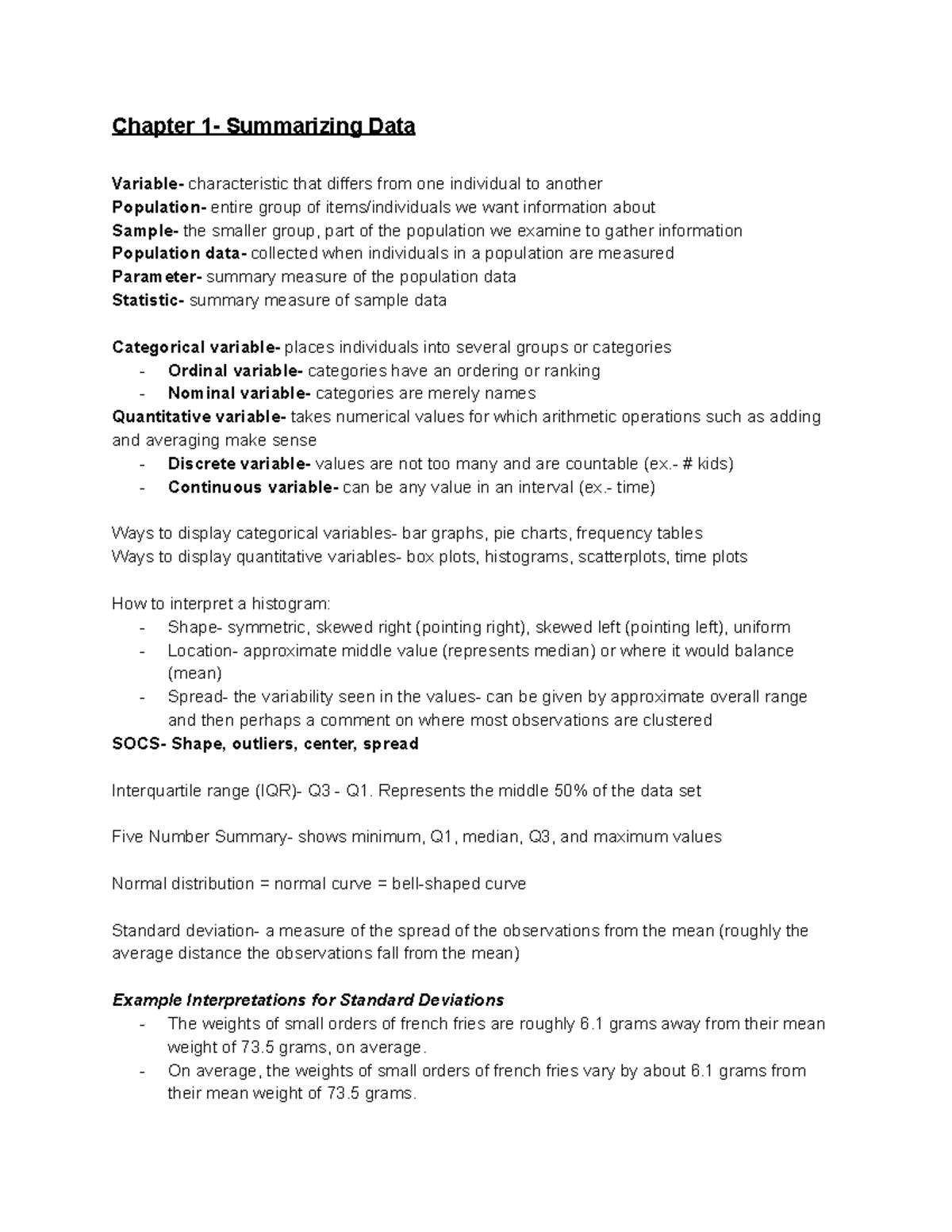 Intro Stats Midterm Exam #1 Study Guide - Chapter 1- Summarizing Data ...