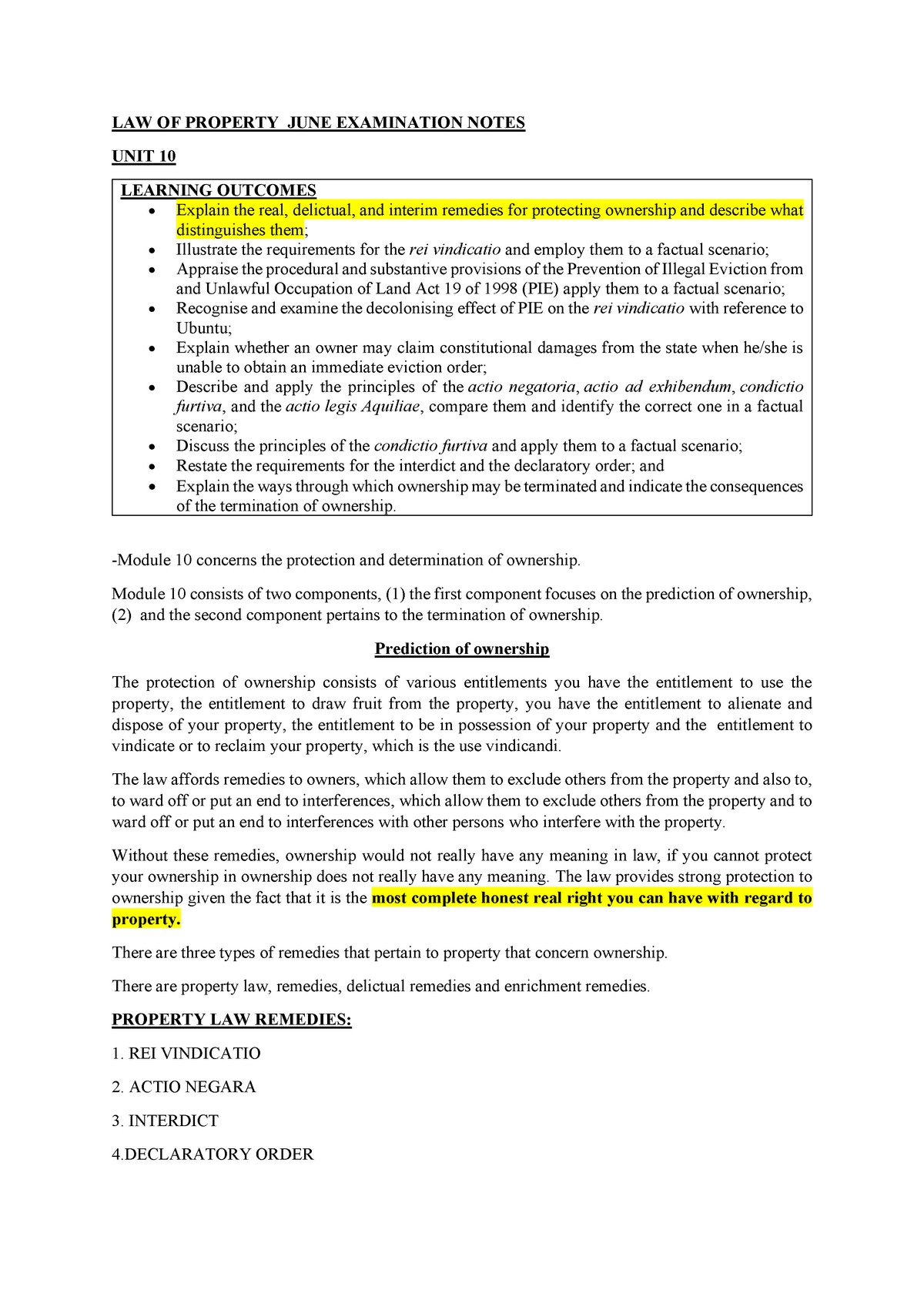 LAW OF Property JUNE Examination Notes - LAW OF PROPERTY JUNE ...