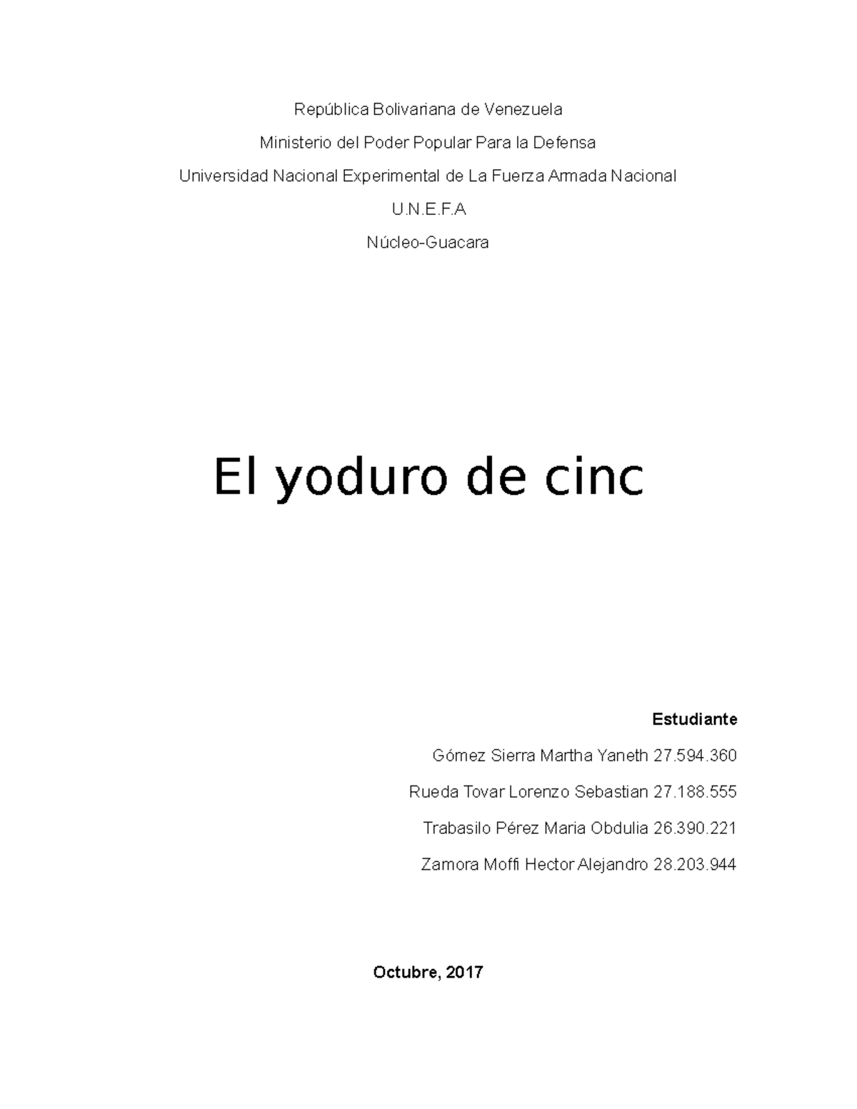 El yoduro de cinc República Bolivariana de Venezuela Ministerio del