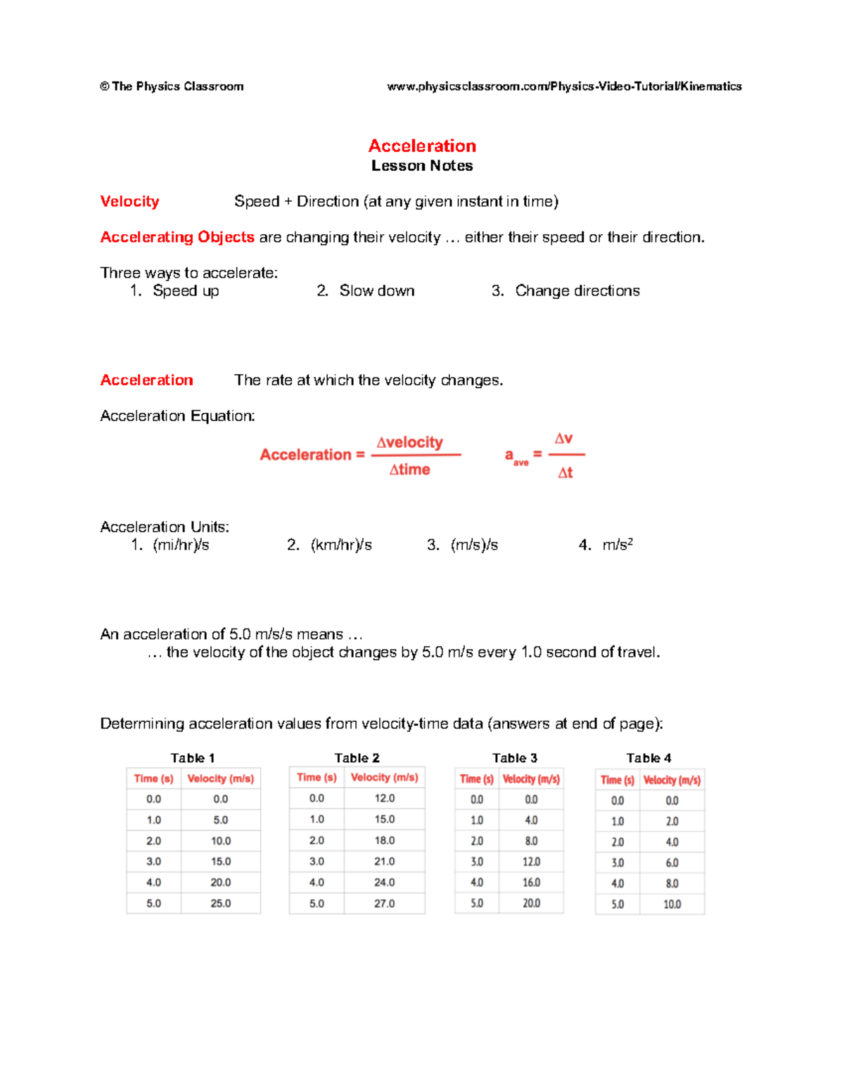 Acceleration Notes - © The Physics Classroom physicsclassroom/Physics ...