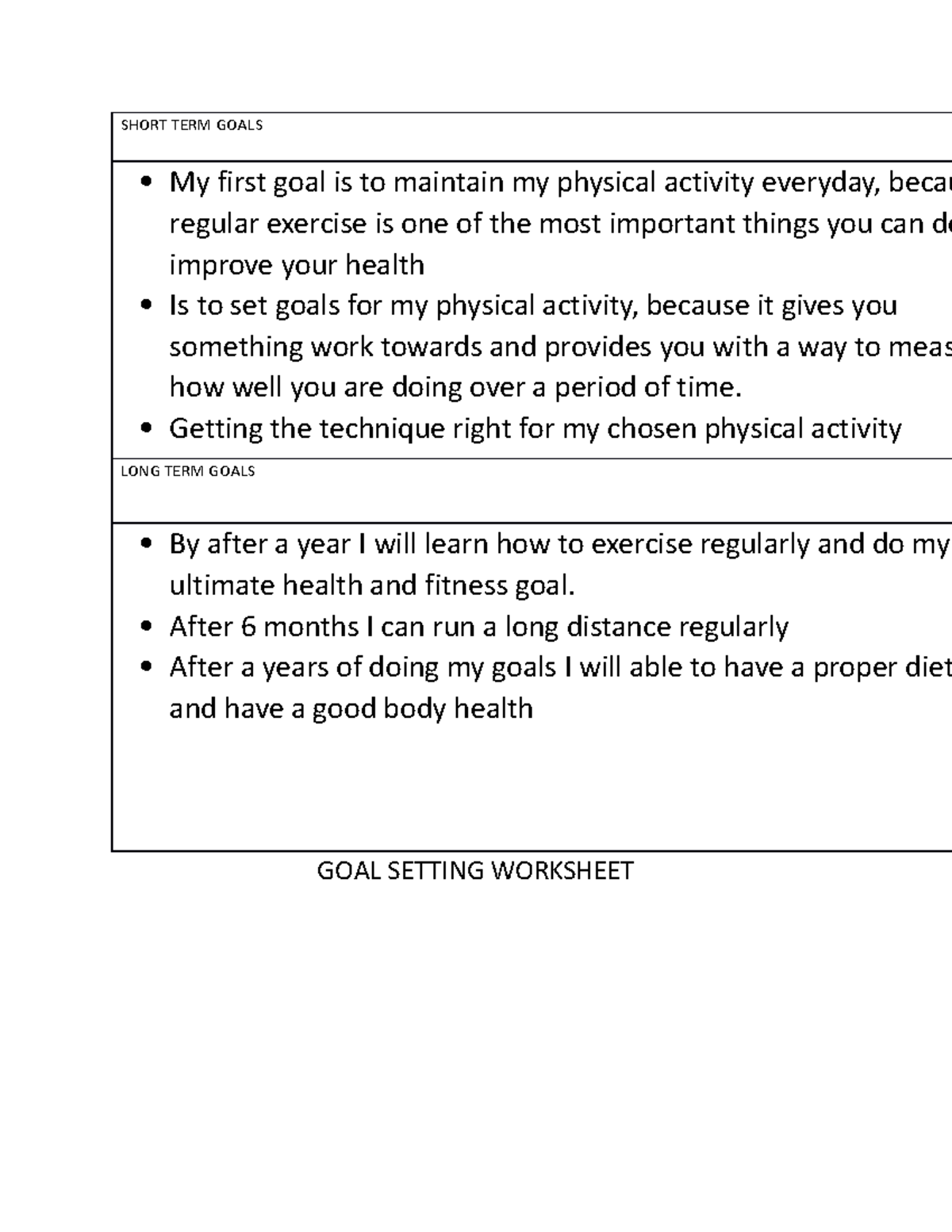 Goalsetting - NOTES - SHORT TERM GOALS My first goal is to maintain my ...