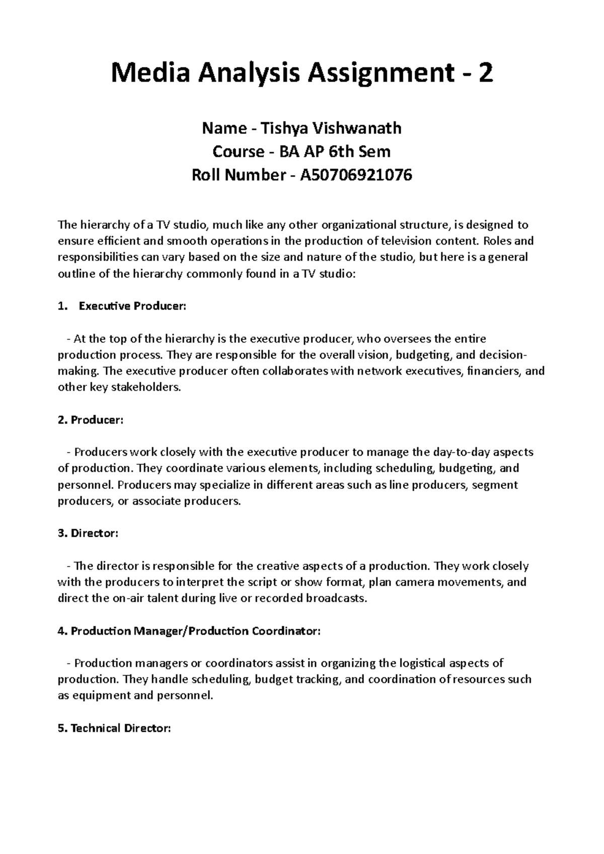 Media Analysis notes - Media Analysis Assignment - 2 Name - Tishya ...