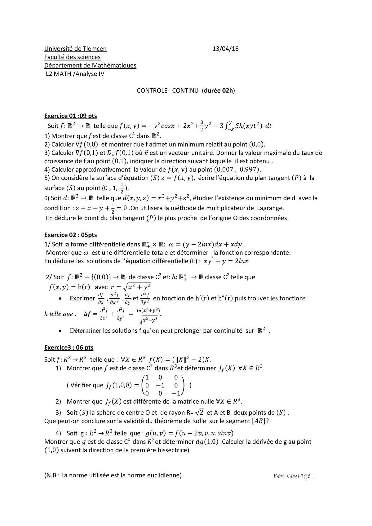 Examen 8 Analyse 4 SMA3 - Université de Tlemcen 13/04/ Faculté des ...