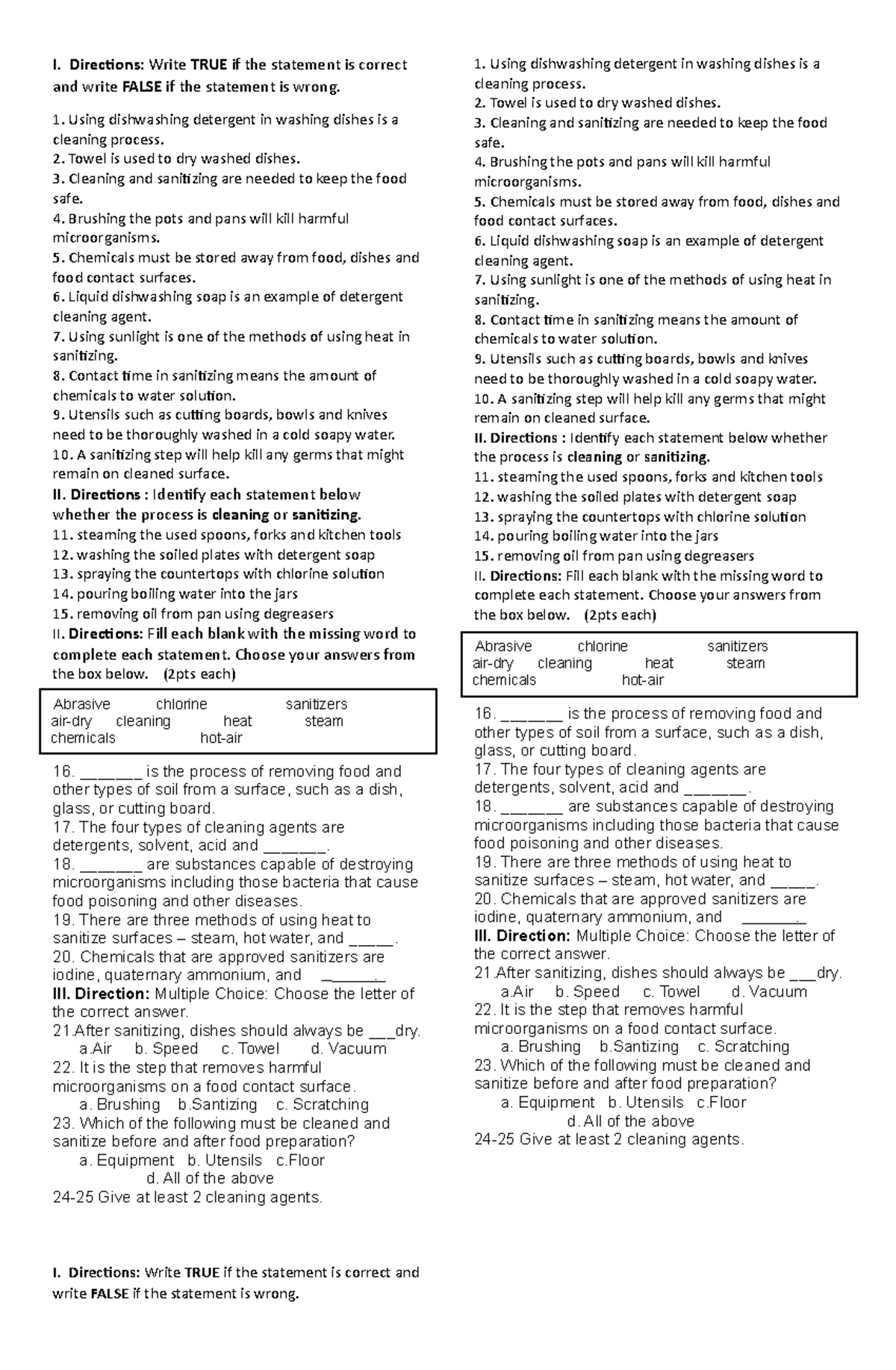 QUIZ About Cleaning AND Sanitizing I. Directions Write TRUE if the