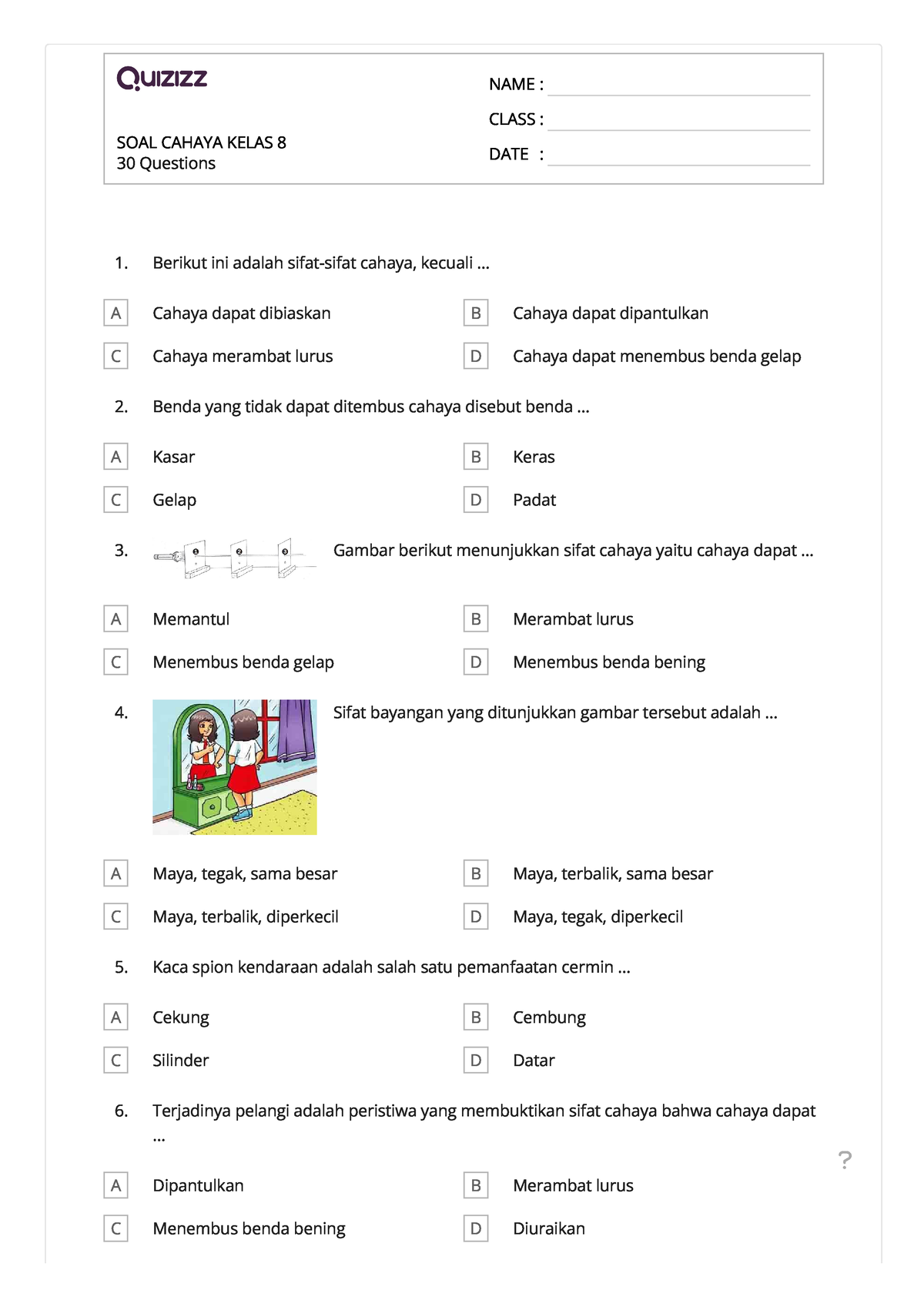 Soal Cahaya Kelas 8 Soal 30 Questions Cahaya Kelas 8 Name Class