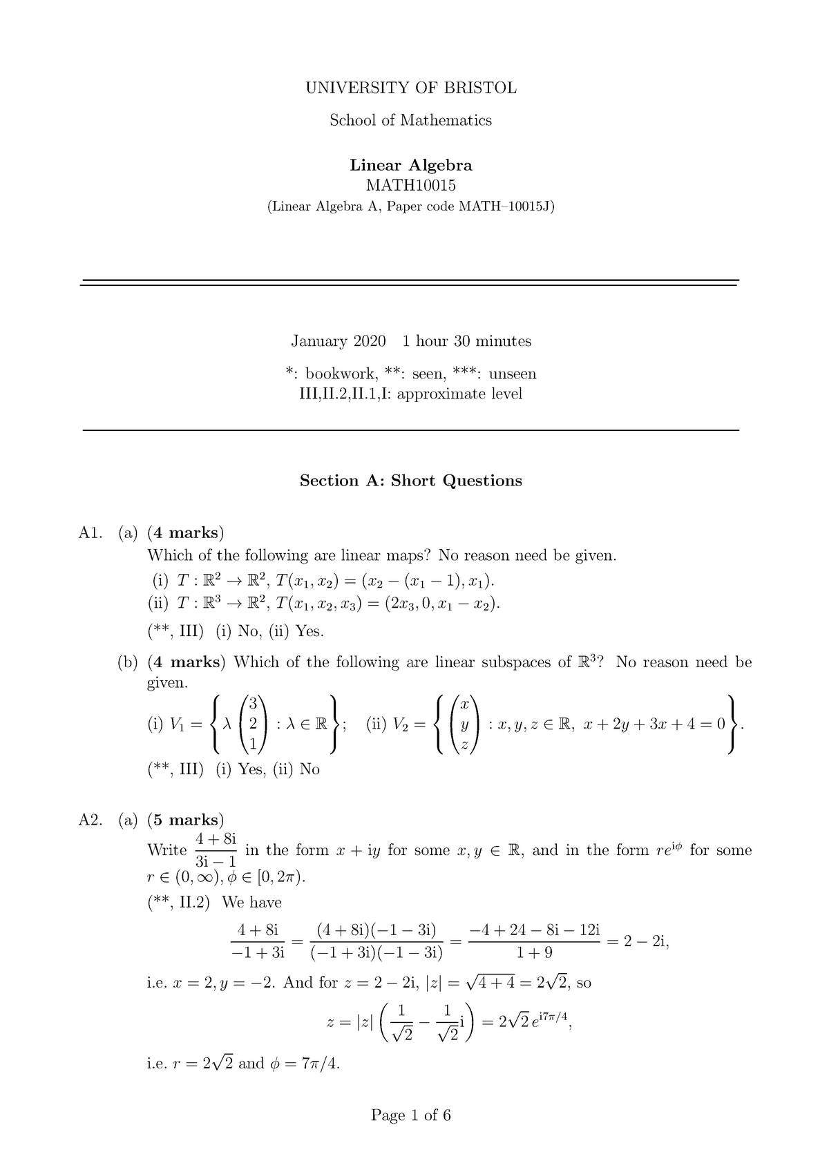 Linear Algebra A Solutions 2020 - UNIVERSITY OF BRISTOL School Of ...