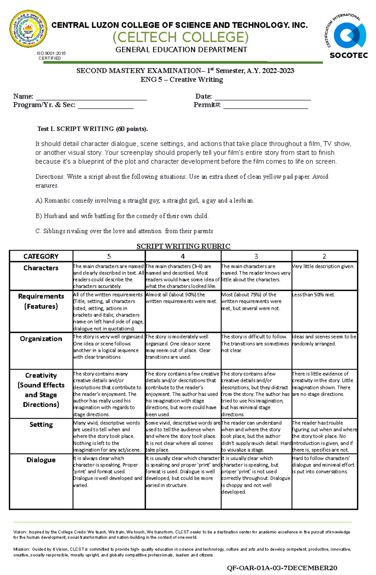 First Mastery Examination in Creative Writing Sept.28 ,2022 - SECOND ...