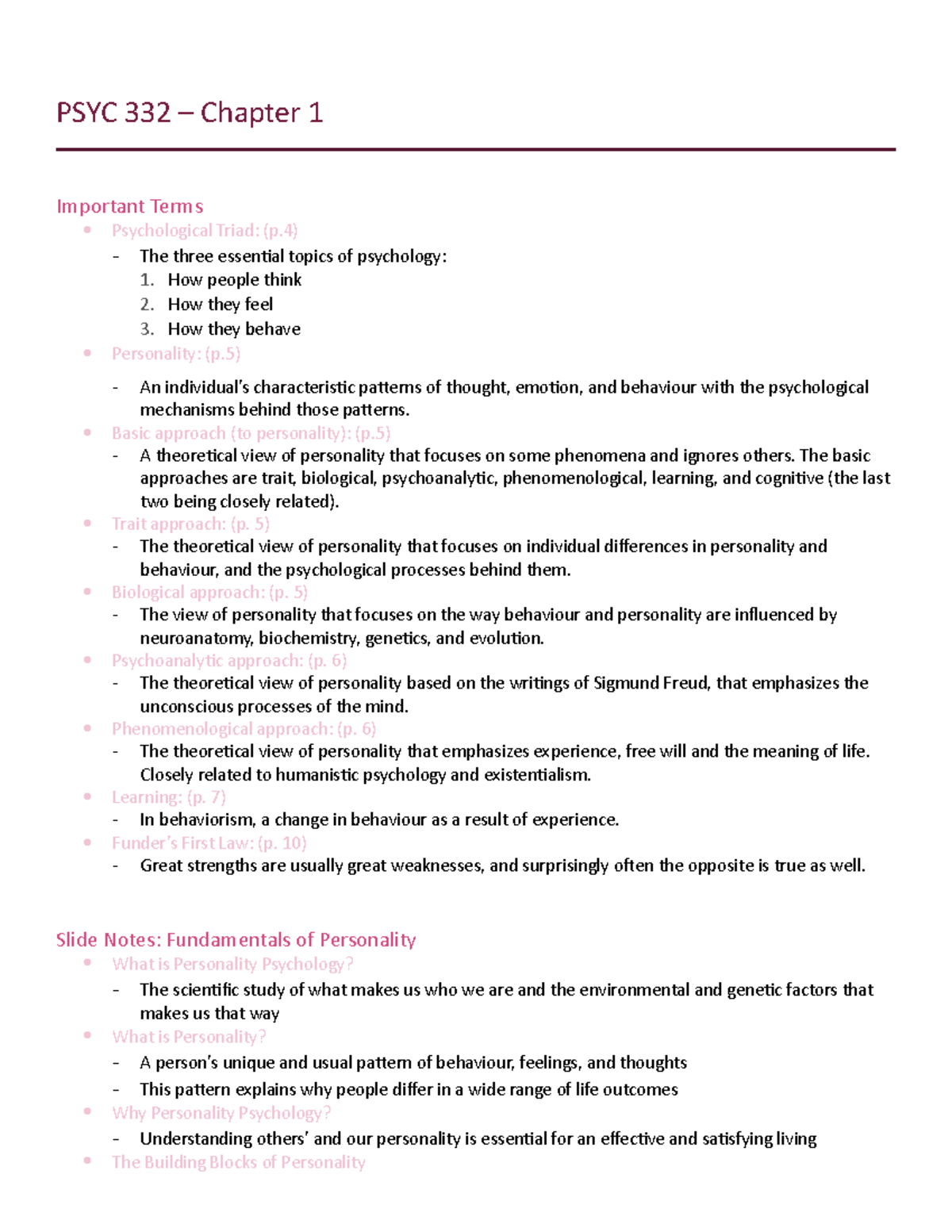 PSYC 332 - Ch. 1 - Lecture notes 1 - PSYC 332 – Chapter 1 Important ...