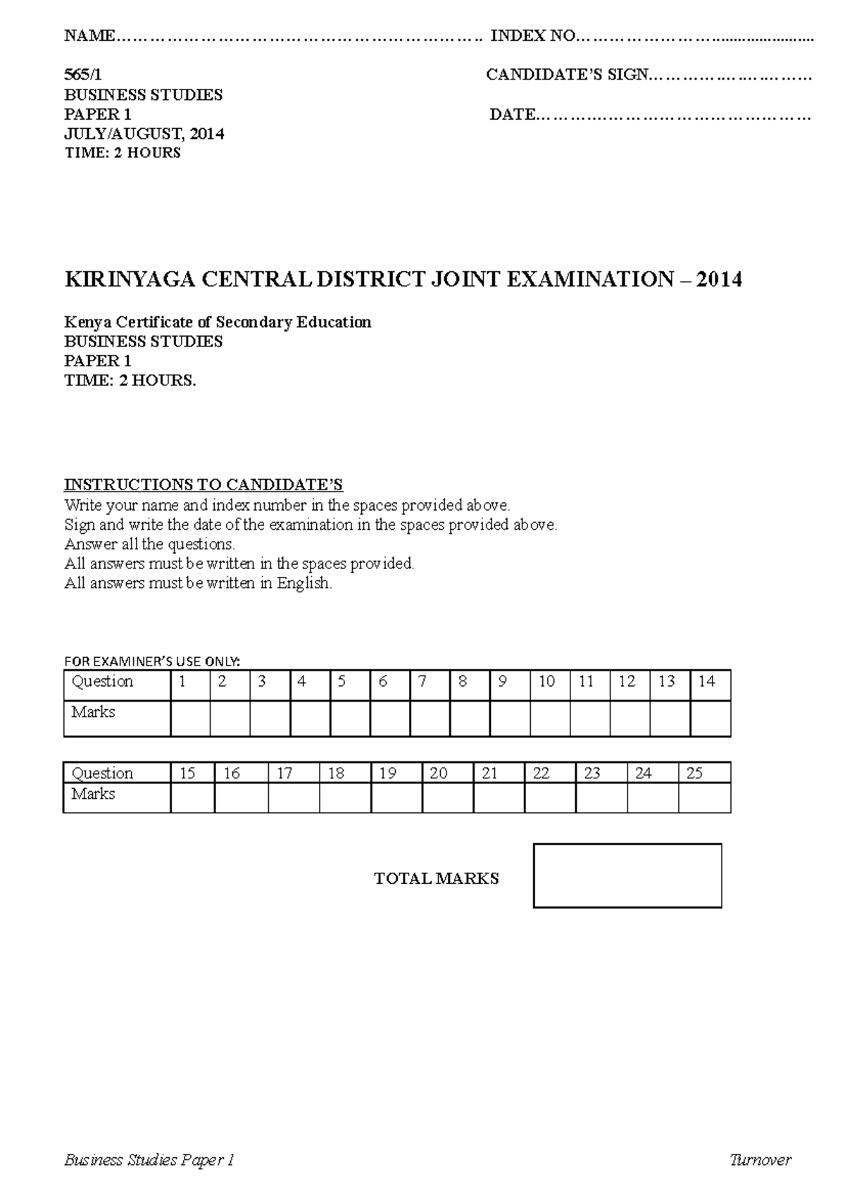 Business Studies 1 - questions - - Studocu