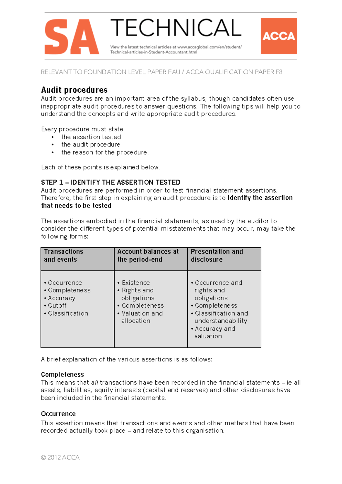 Sa nov12 f8 fau audit procedures - RELEVANT TO FOUNDATION LEVEL PAPER ...