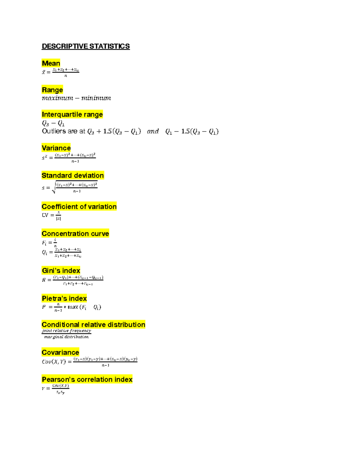 STATISTICS FORMULAS (30001) - DESCRIPTIVE STATISTICS Mean 𝑥̅ ...