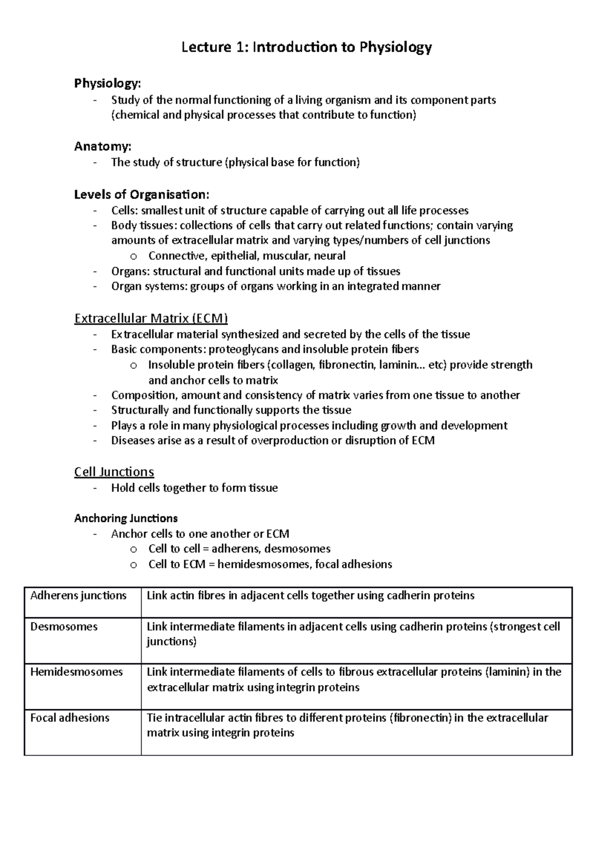 L1 - Lecture notes 1 - Lecture 1: Introducion to Physiology Physiology ...