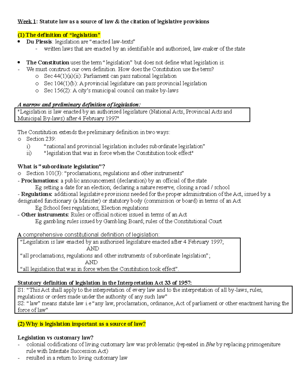 2015 Week 1 What is legislation Week 1 Statute law as a source of